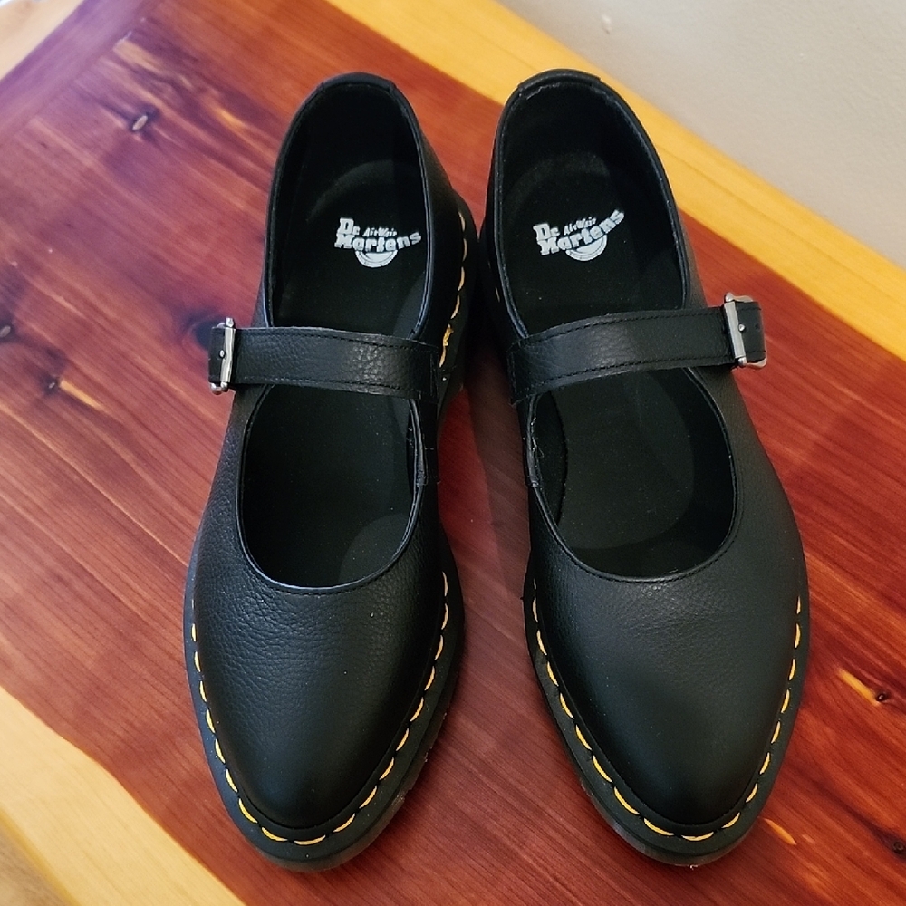 Dr. Martens Black Mary Jane Flats with Yellow Stitching